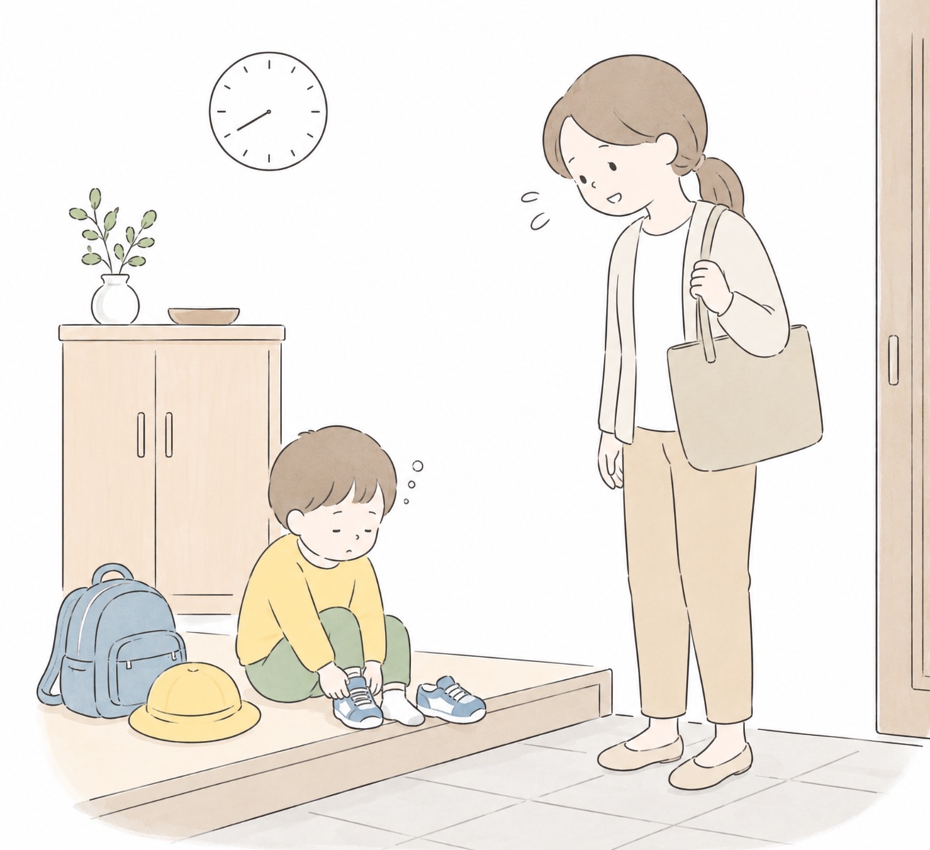 玄関で靴を履く子どもを急かす保護者のイラスト