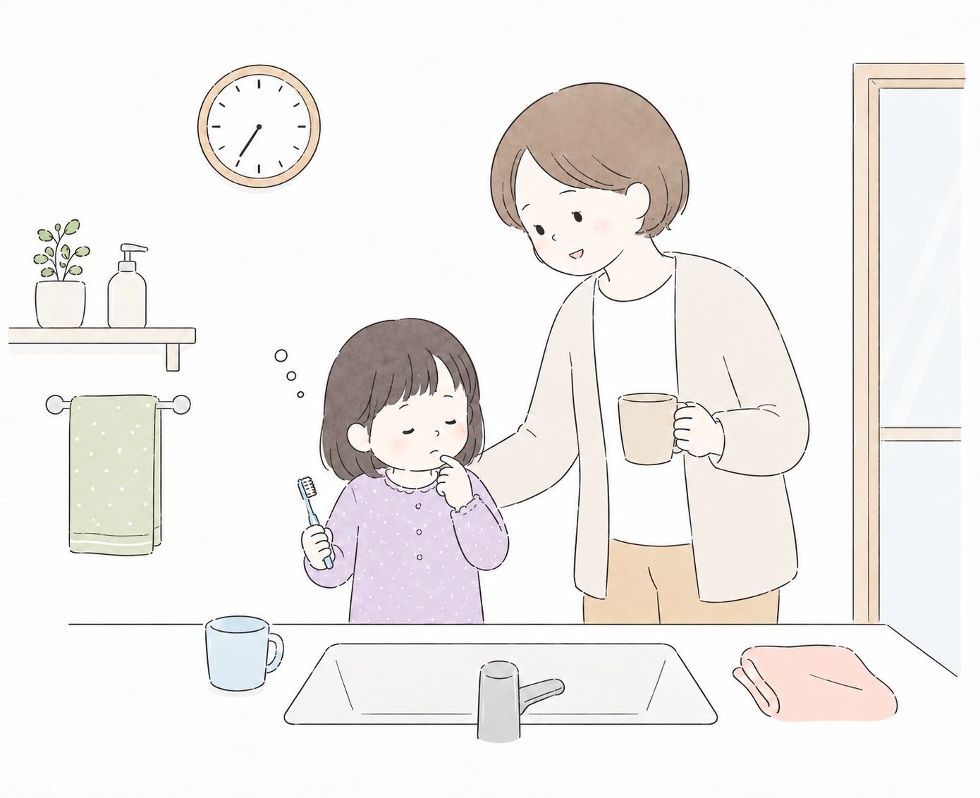 洗面所で歯みがきが進まない子どもを見守る保護者のイラスト