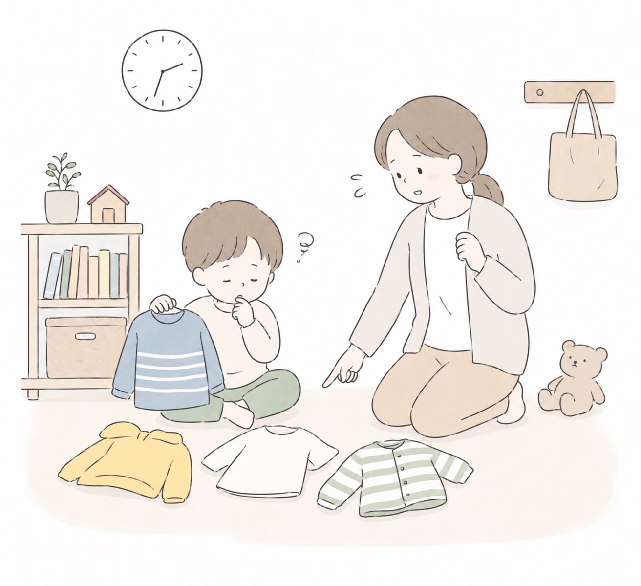 着替えを前に迷っている子どもと声をかける保護者のイラスト