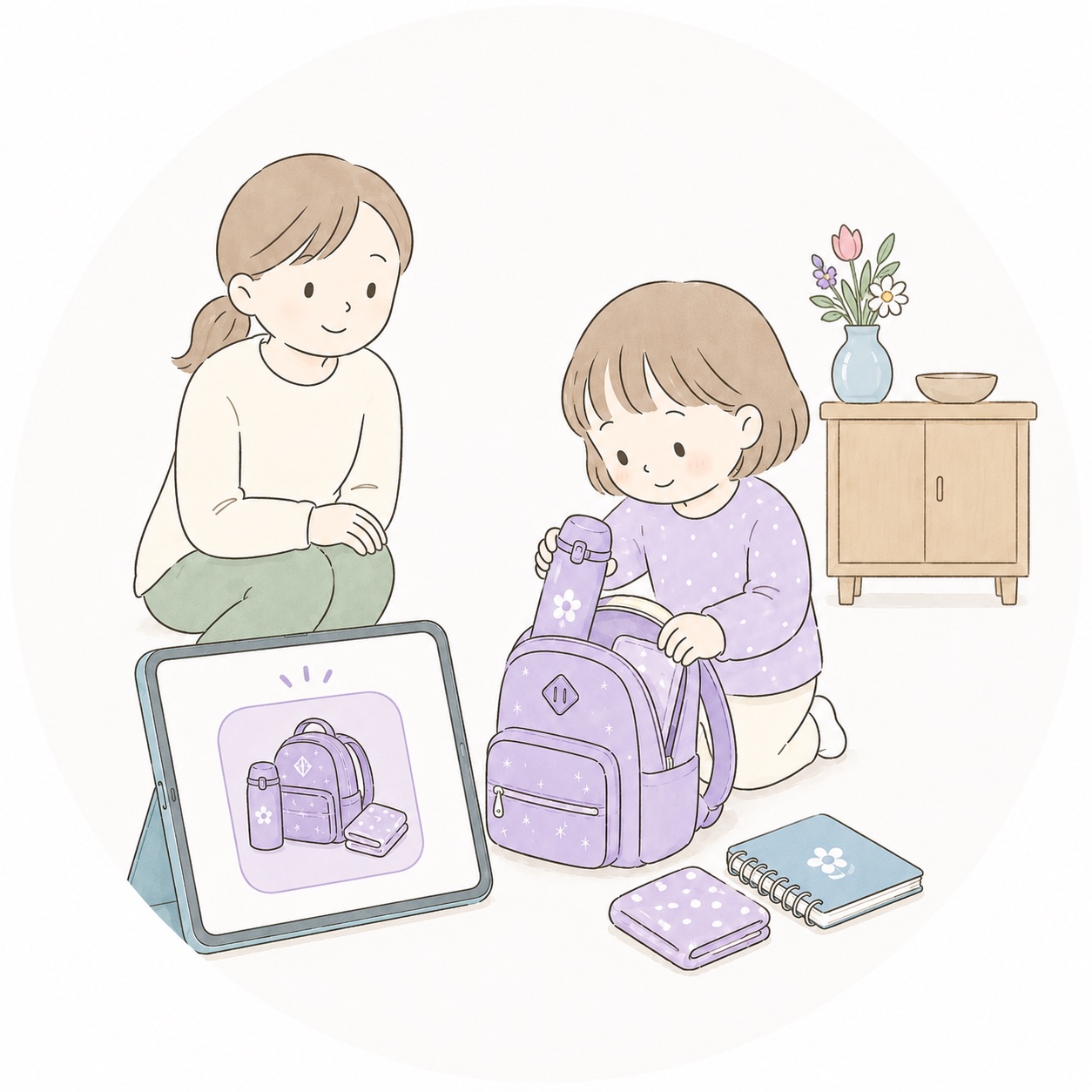 登園やおでかけの準備をする親子のイラスト