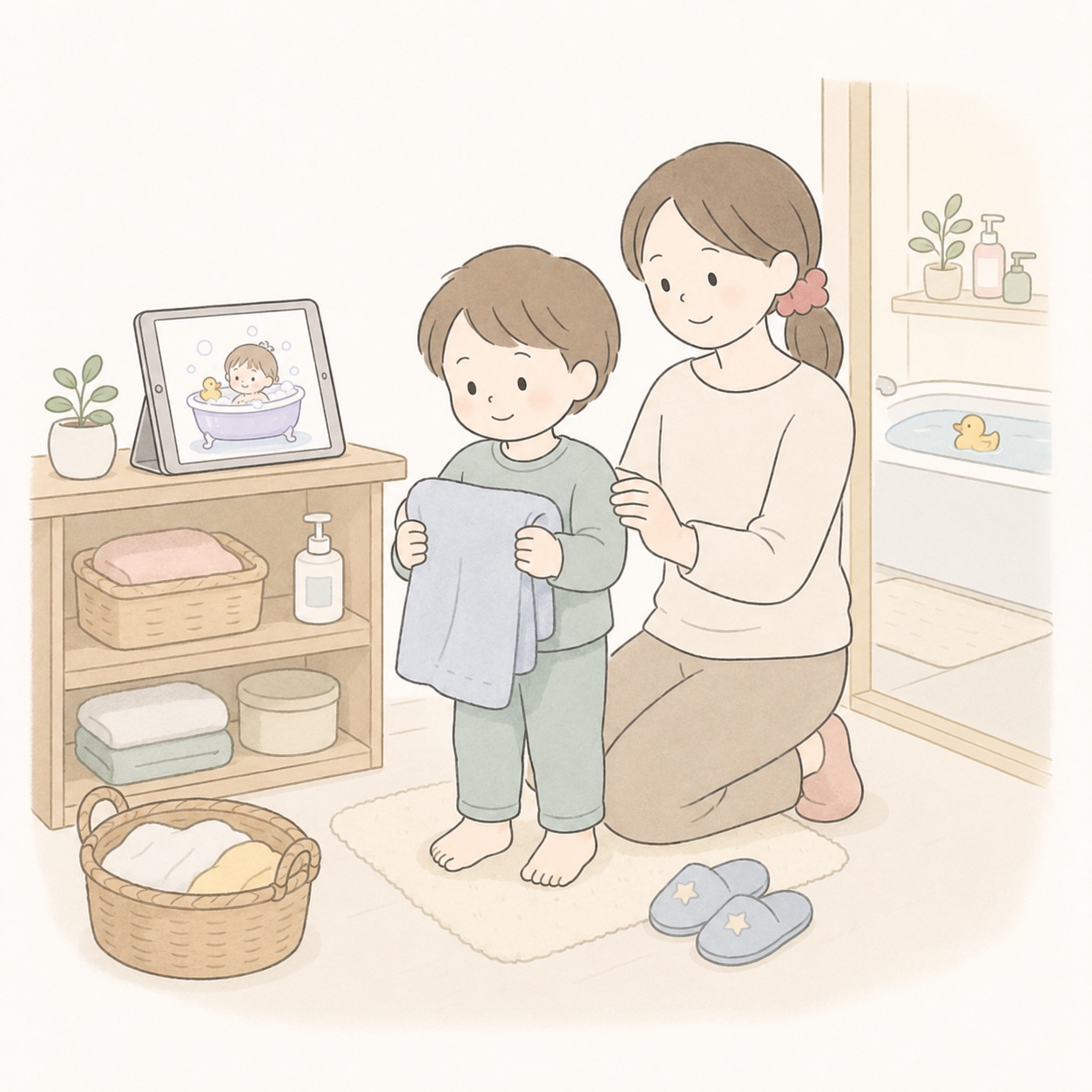 お風呂あがりの支度をする親子のイラスト