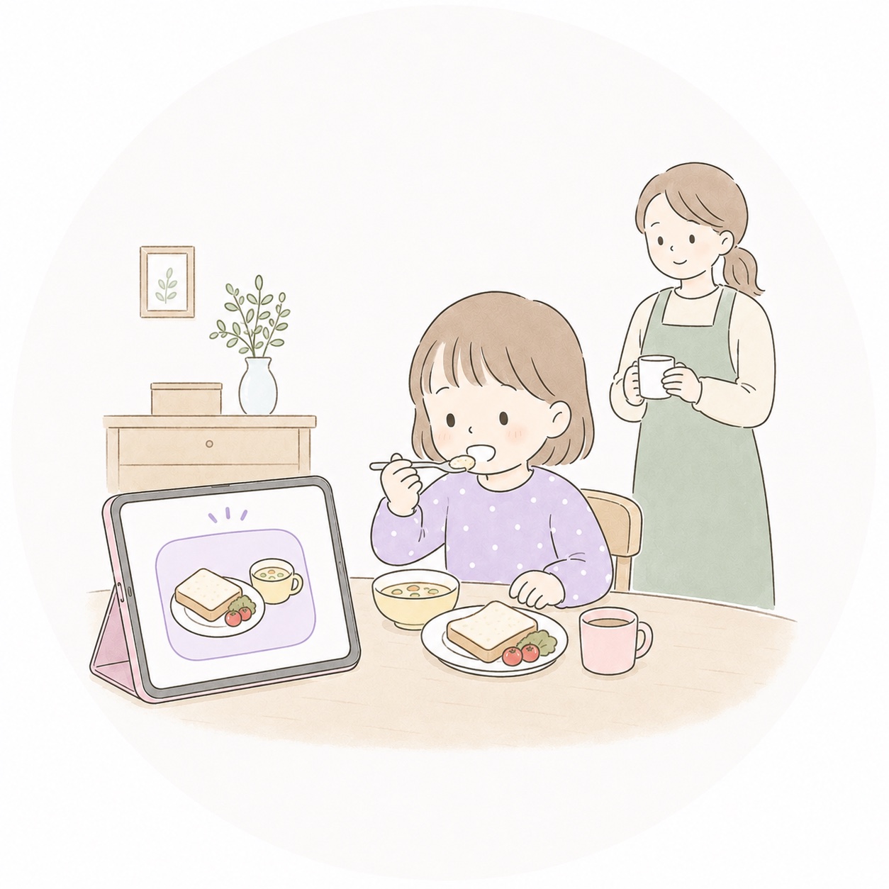 朝ごはんを食べる子どもと見守る保護者のイラスト