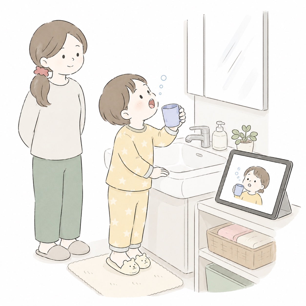 歯みがきやうがいをする子どもを見守る保護者のイラスト